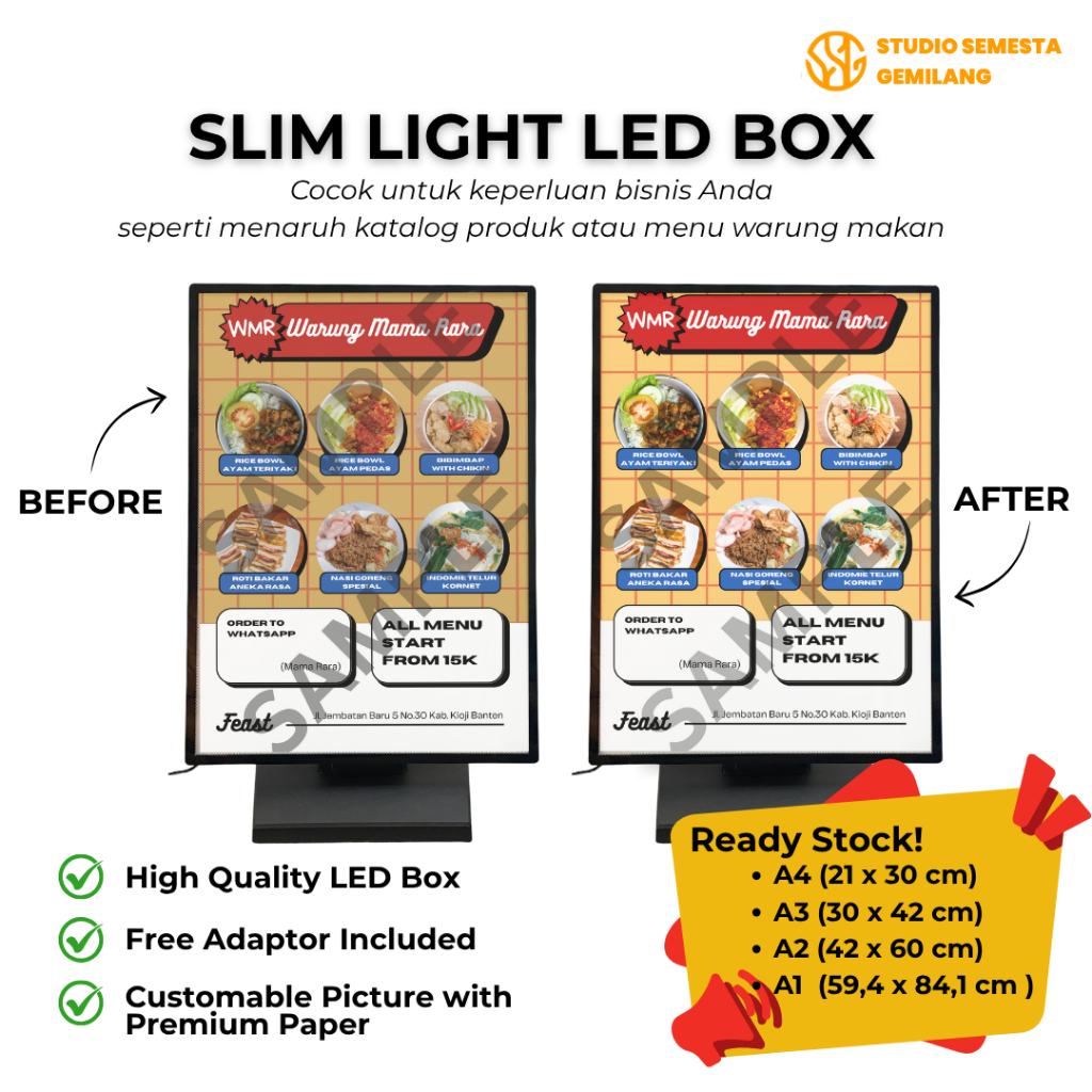 

Slim Light / Slim LED – Display Menu Mewah & Elegan untuk Warung Makan, Kafe, atau Toko Tersedia ukuran a4 a3 a2 a1 Sudah Termasuk Adaptor & Gambar Custom Premium!