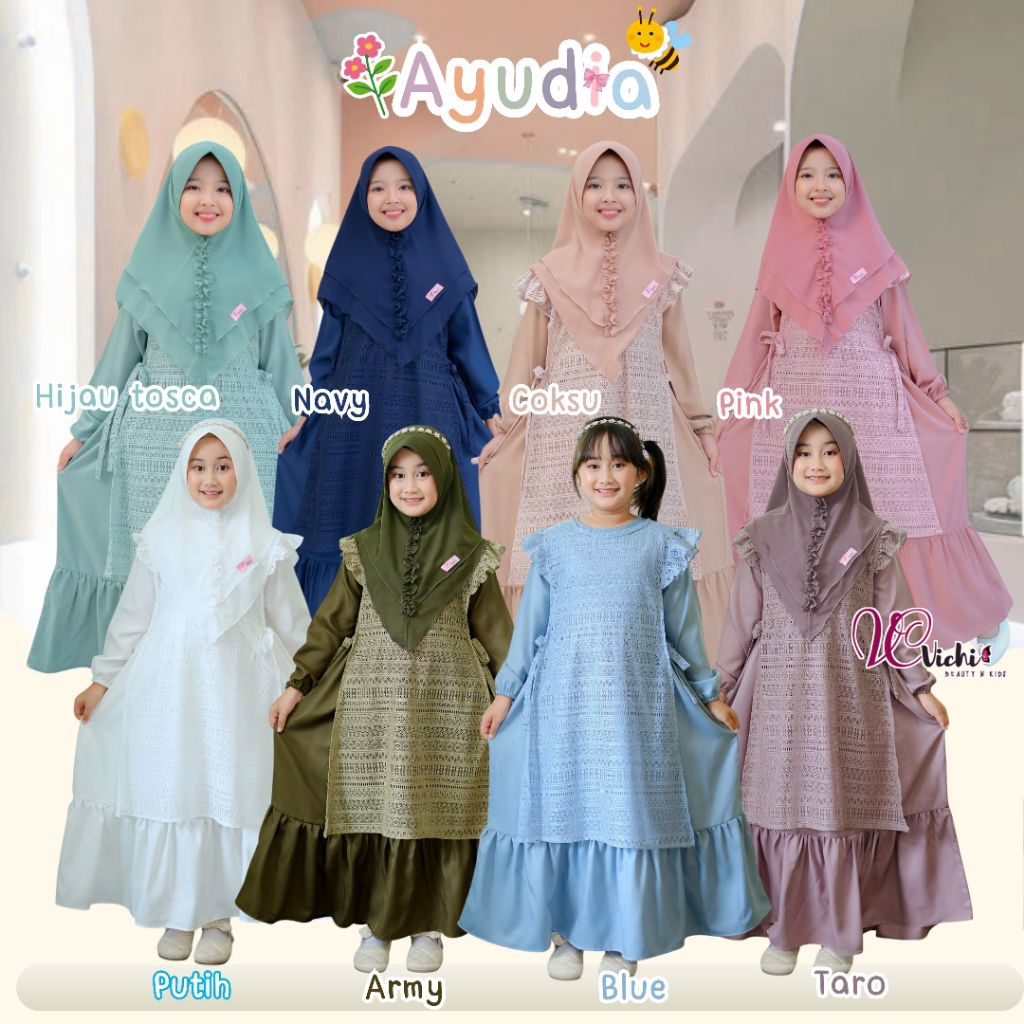 Gamis Anak perempuan Ameena dan Ayudia Gamis Brukat Outer lepas pasang adem lembut Ori Vichi Muslima