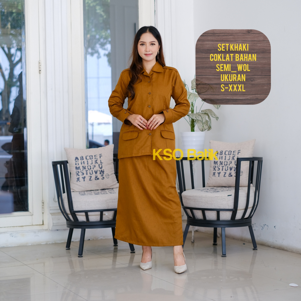 BATIK KHAKI WANITA KERAH REBAH SAKU BAWAH MODEL ROK SPAN TERBARU BAHAN SEMIWOOL / BAJU PEMDA / BAJU 