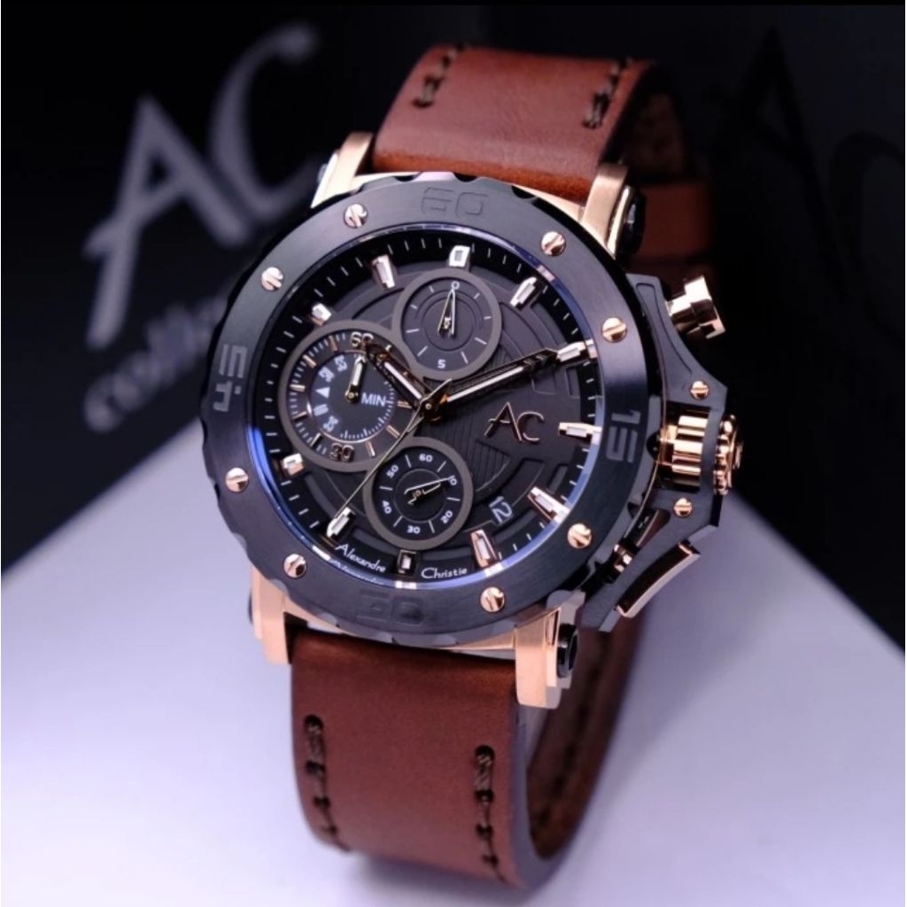 Alexandre Christie original AC9205 Jam Tangan pria kulit coklat rosegold