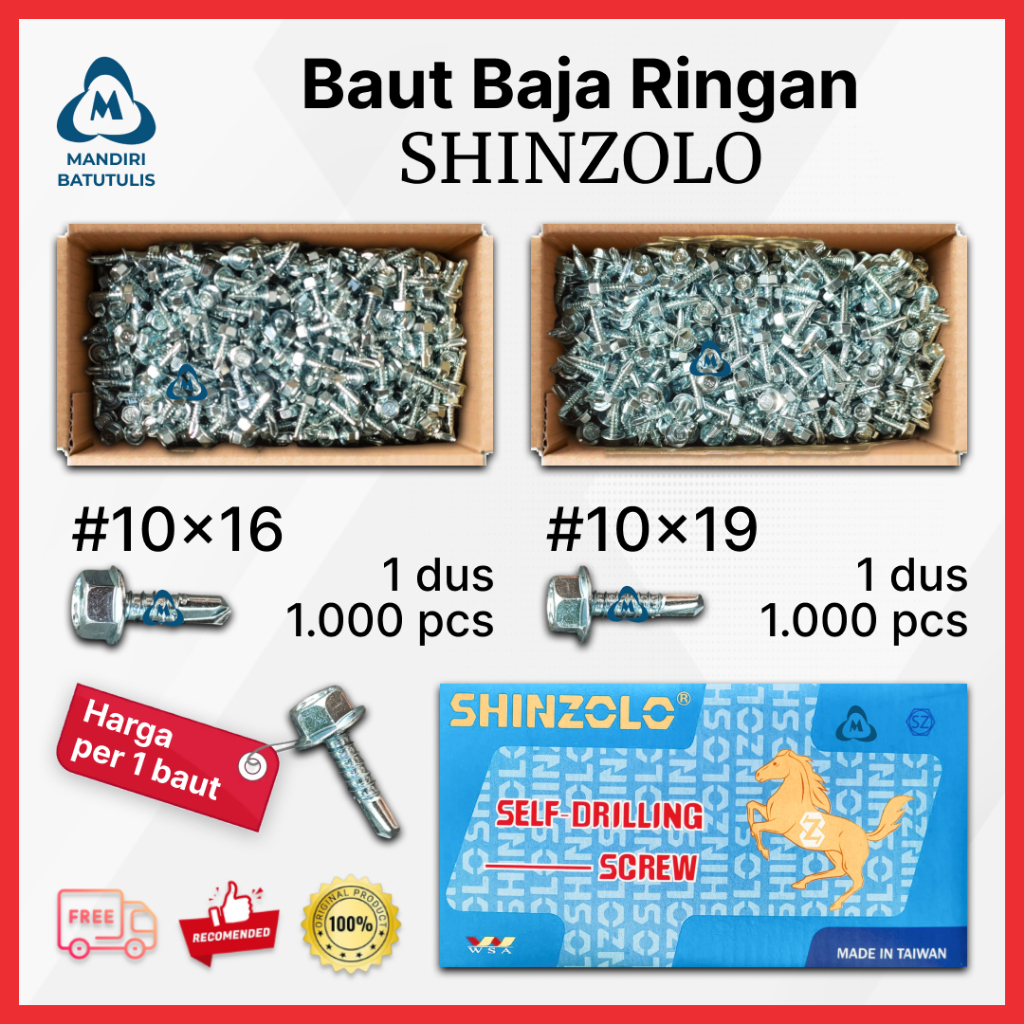 Baut Baja Ringan SHINZOLO #10x16 #10x19 - Skrup Baja Ringan ZOLO - Baut Roofing Screw