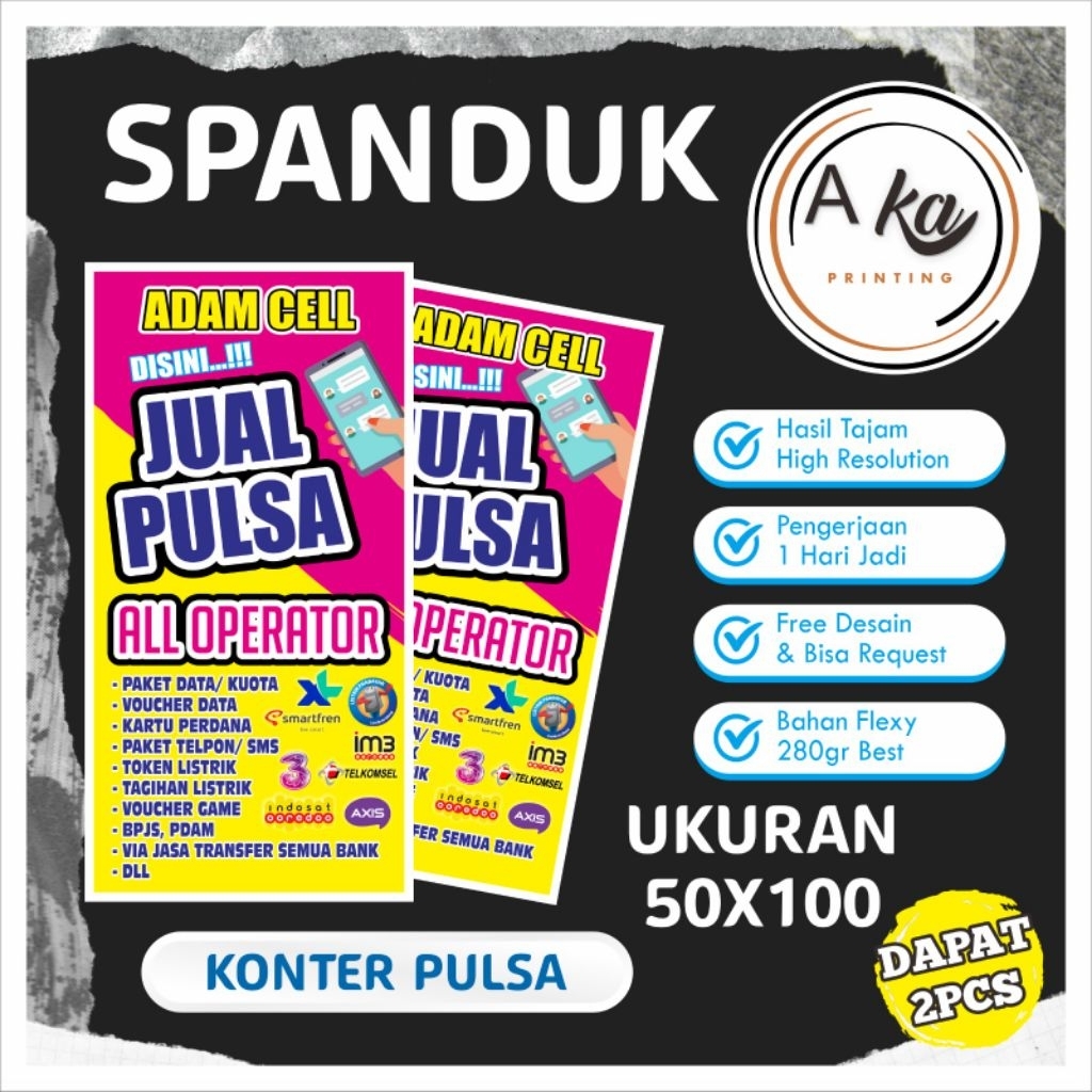 Banner Konter Pulsa Bisa Request Tulisan ukuran 50x100 dapat 2pcs
