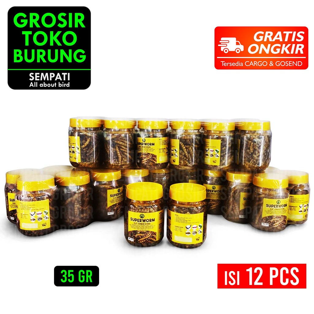 SEMPATI GROSIR Superworm Super Worm Botol Toples Isi 12 Pcs Ulat Jerman Kering Pakan Extra Fooding E