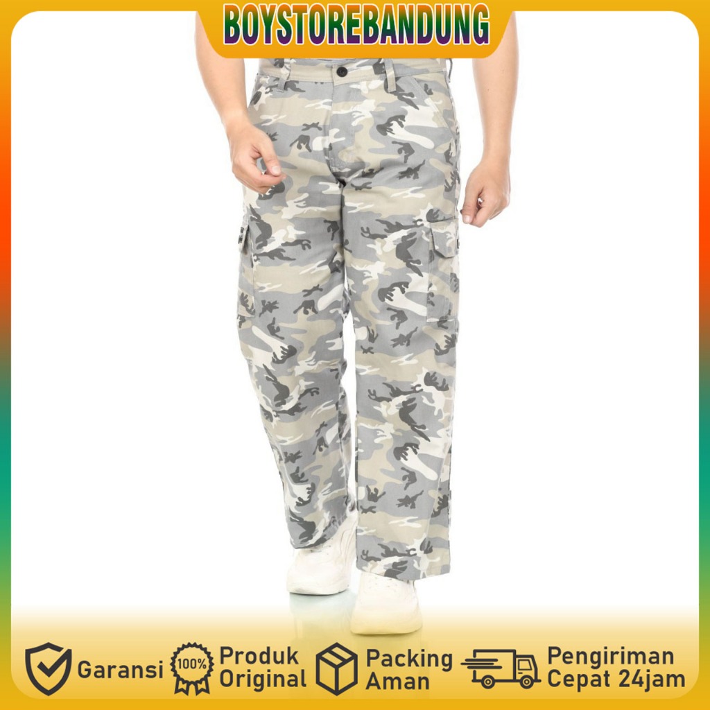 BOY - Celana Cargo Loreng Putih Panjang Pria Bahan Cotton Twill / Cargo Santai Cowok