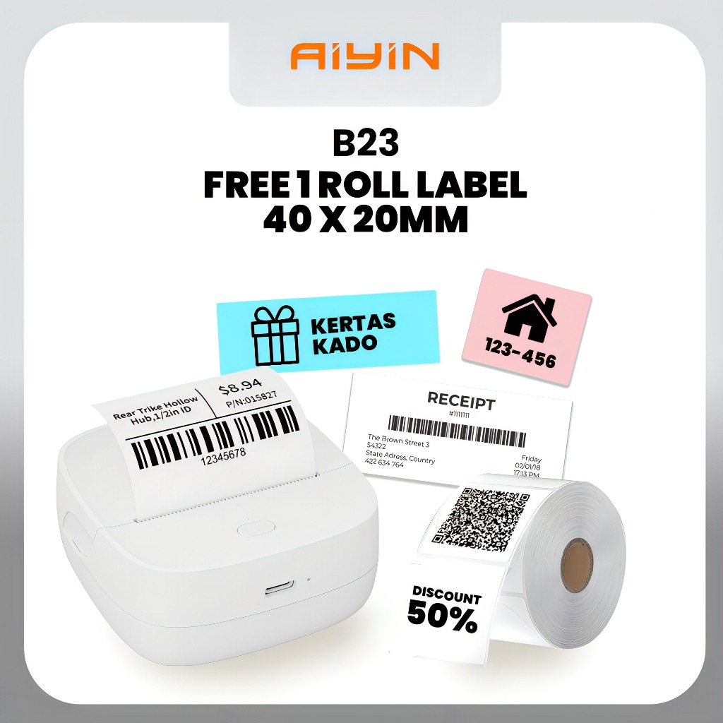 

[FREE THERMAL PAPER 40mm x 20mm] AiYin B23 - Mini Printer Label Portable