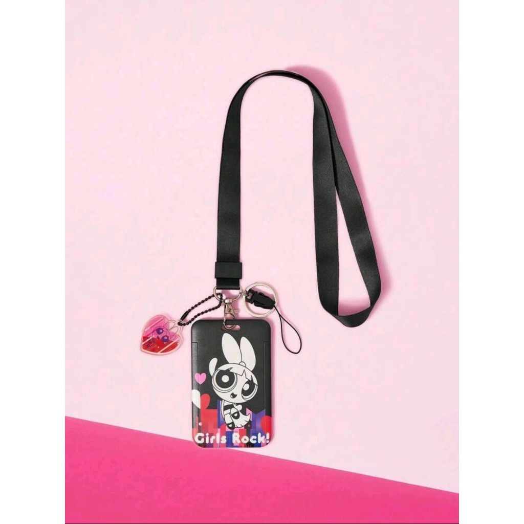

THE POWERPUFF GIRLS X SHEIN Heart Buttercup And Letter Graphic CarlsRock Black Lanyard Card Holder