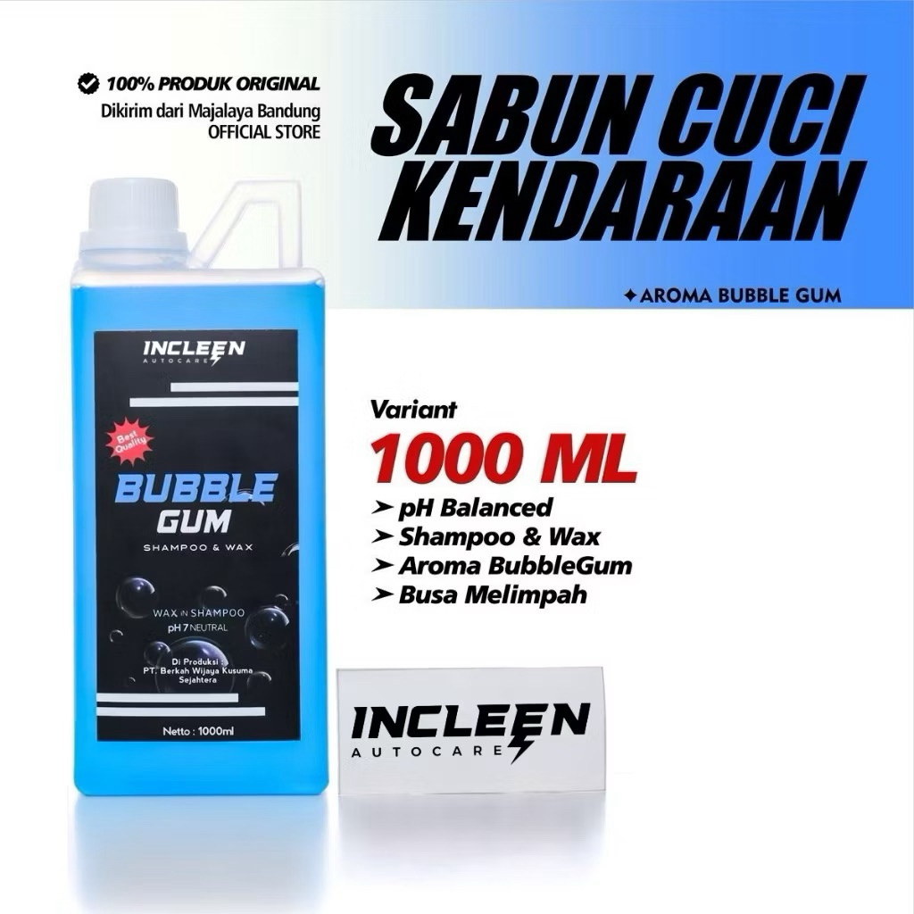 Incleen Shampoo & Wax Bubblegum 1000ML TANPA SPONS | Sabun Cuci Motor Mobil Busa Melimpah Kilap Maks