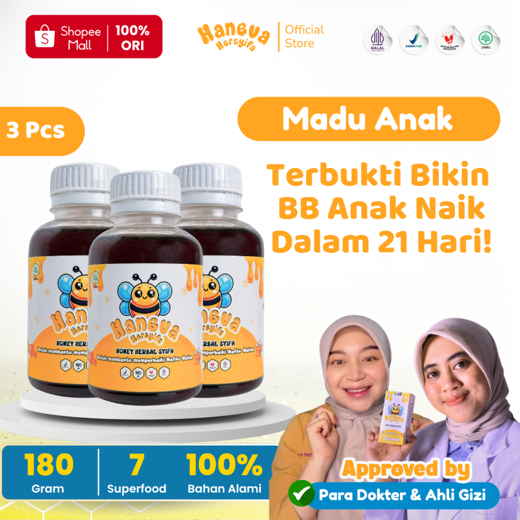 

HANEVA HERSYIFA - Madu Multivitamin Bantu Atasi GTM Anak | BPOM dan Halal MUI - 180 Gram Isi 3 Pcs