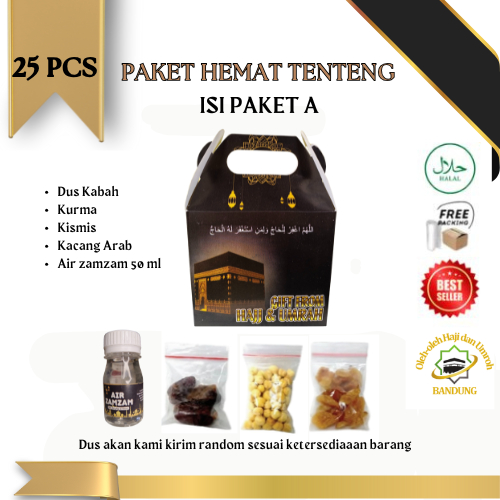 

Oleh Oleh Haji/Umroh 25 pcs Paket A Dus Tenteng, Botol+Air zam zam, Kurma, Kacang, Kismis