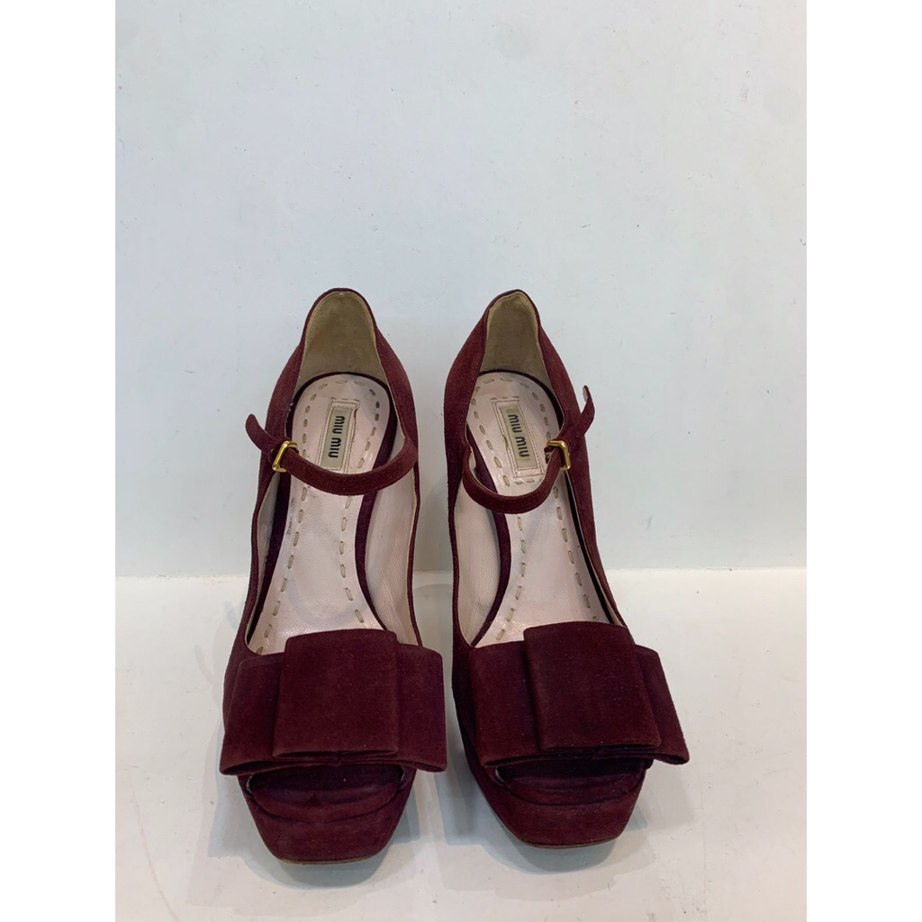 Preloved Miu miu mary jane bow peep toe platform pumps suede burgundy