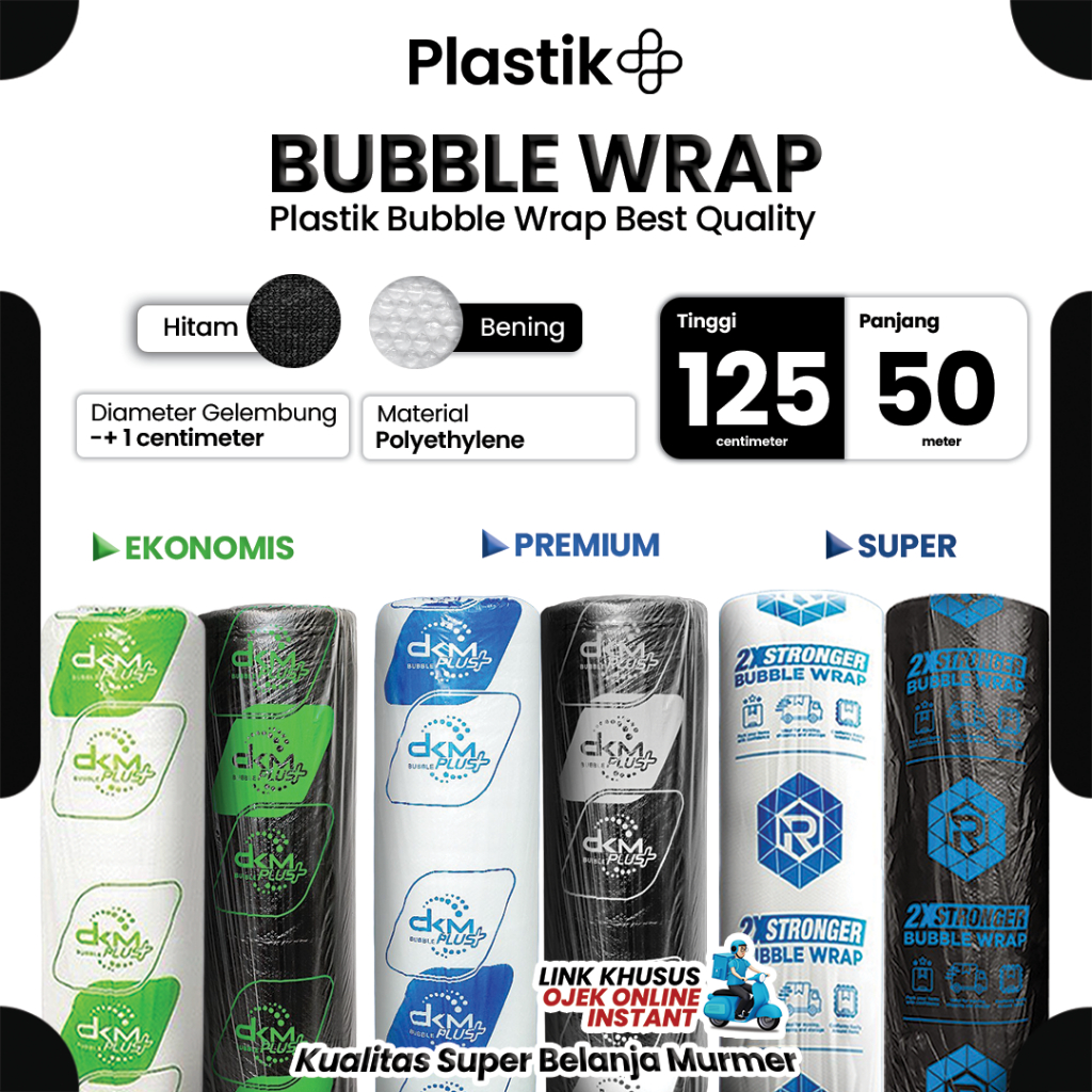 

Plastik Bubble Wrap Bening dan Hitam DKMPlus Rusfet 125cm x 50meter Berat 3Kg Coreless Harga Grosir