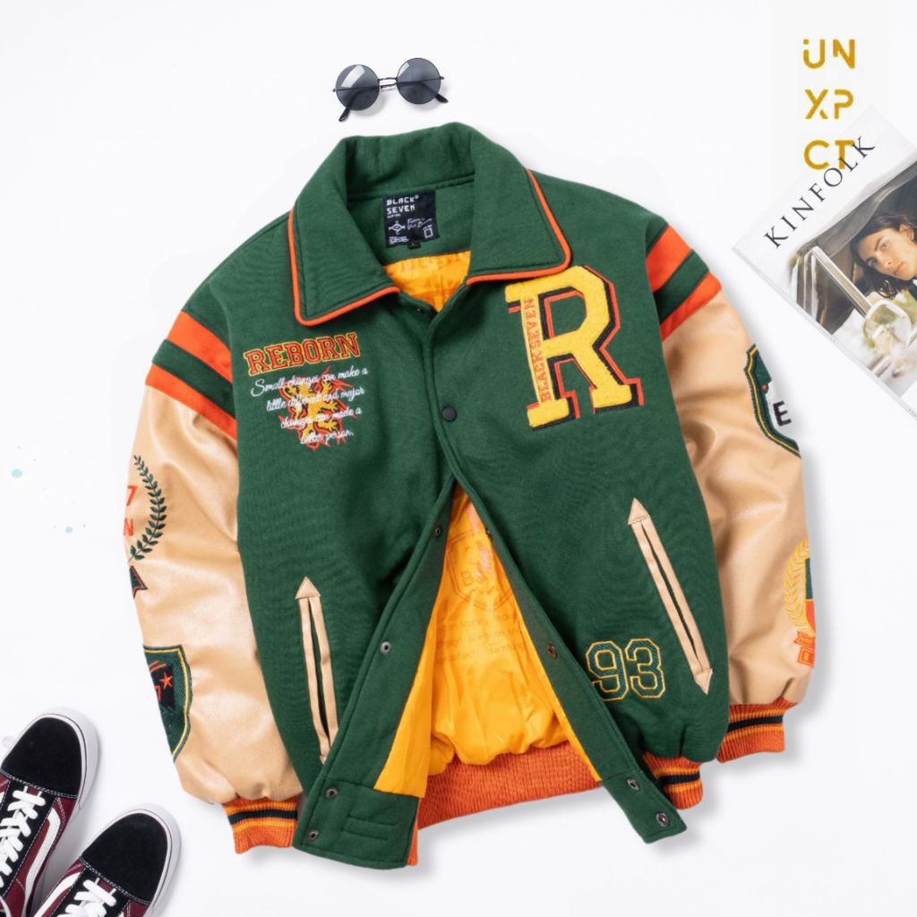 Varsity Jacket Reborn Green Cream Blackseven | Jaket Varsity Full Bordir Kulit Sintetis Original | J