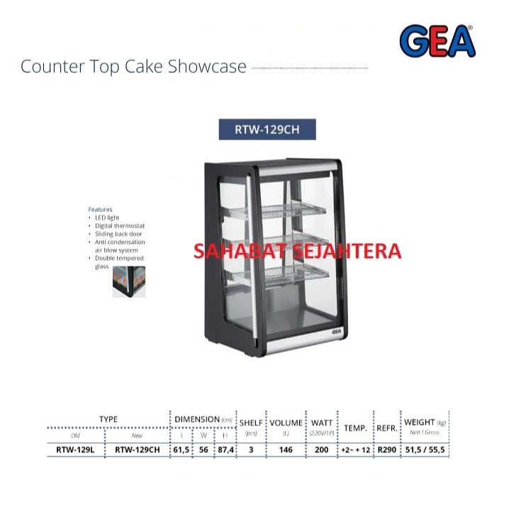 GEA Counter Top Cake Showcase Flat Glass RTW-129CH – Etalase Pendingin Kue Kaca Datar