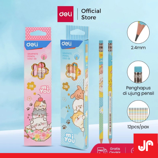 

DELI GRAPHITE PENCIL 2B/ PENSIL KAYU 2B 1PAK DENGAN PENGHAPUS / PENSIL TULIS MOTIF MIYOU EC012-2B