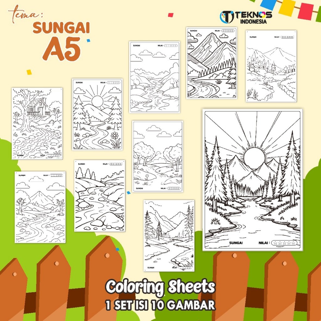 [SUNGAI] LEMBAR MEWARNAI ANAK PAUD/TK - KERTAS GAMBAR UKURAN A5 - COLORING SHEETS EDUKATIF