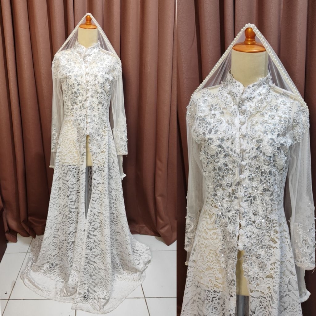 Kebaya busana akad nikah wanita putih ekor panjang Preloved
