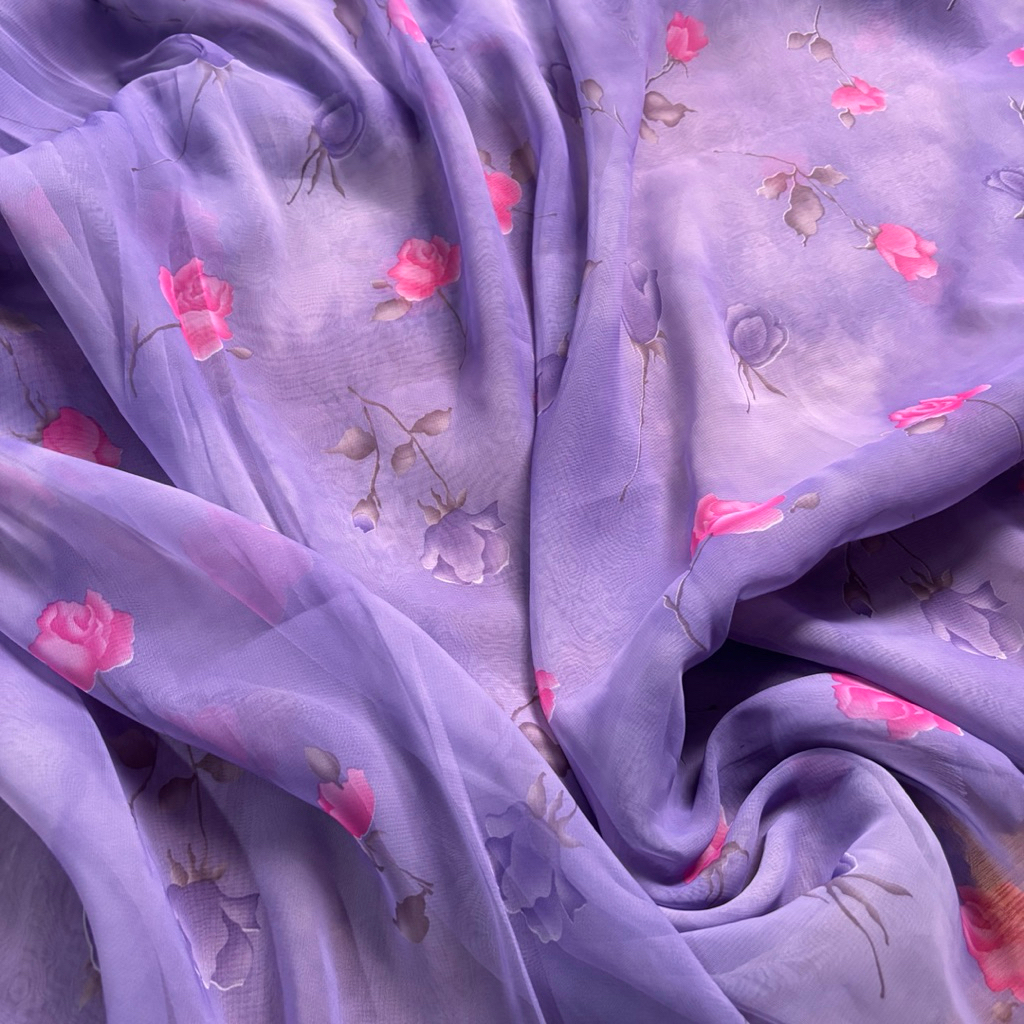 Kain Organza Motif Bunga Ungu Transparan – Motif Mawar Elegan untuk Kebaya, Dress, Outer Cantik vt