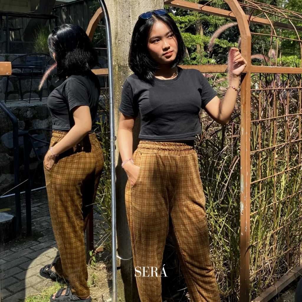 SERA Celana Kulot Panjang Wanita Motif Kotak All SIze up To Jumbo Bahan Denim Diana Premium