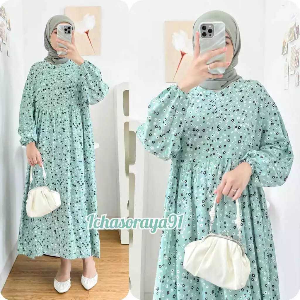 promo gratis ongkir Gamis midi motif bunga-bunga korea terbaru dan terlaris big size pakaian dress w