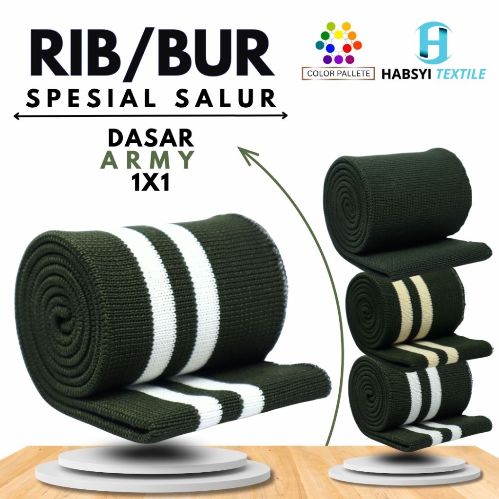 Kain Rib/Bur Jaket Polyester Rajut 1x1 Salur Warna Dasar Hijau Army Jacket Varsity Bomber Riding Cas