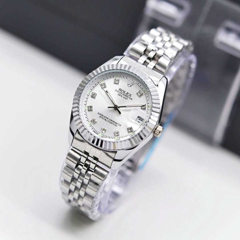 Jam Tangan Wanita Rolex Original Motif Gerigi Tali Rantai Solid Tanggal On Free Box Rolex & Baterai