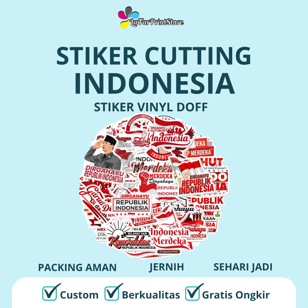 

MURAH STIKER CUTTING INDONESIA (ISI 50 PCS) | STIKER VINYL DOFF | STIKER 17 AGUSTUS [ SEHARI JADI ]