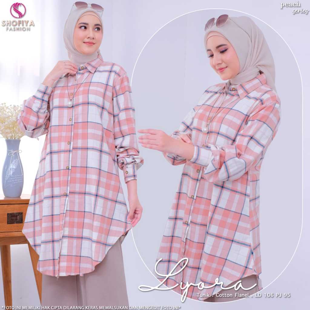 Lyora tunik baju atasan kemeja wanita muslimah ld 106 pj 95 katun flanel kotak kotak lengan panjang