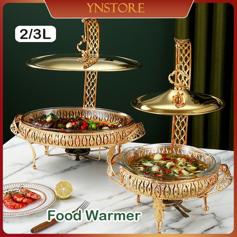 [Ready Stock] Food Warmer Wadah Kaca Tebal Gold 2L/3L Food Warmer Wadah Baki Kaca Tebal Prasmanan St