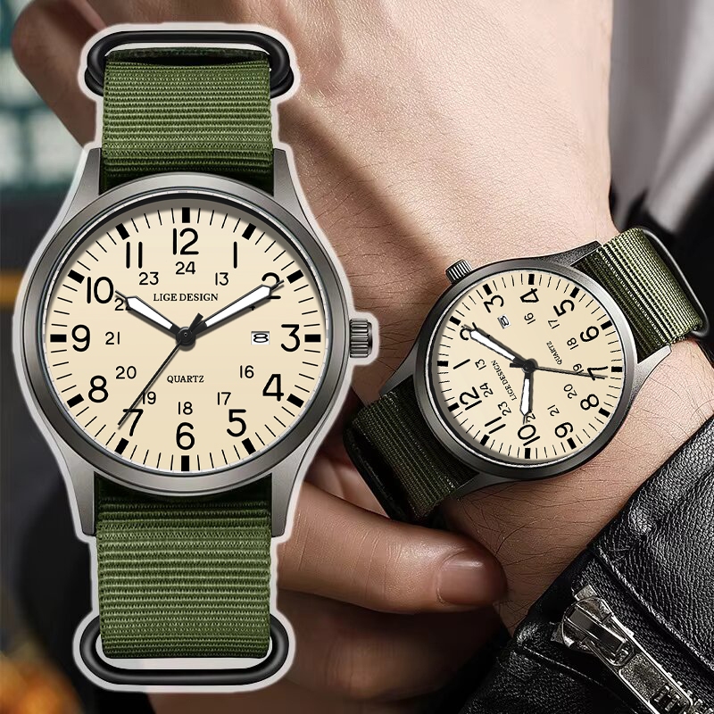 LIGE Jam Tangan Pria Pasangan Otomatis Tanggal Kalender Nylon Waterproof Bercahaya Olahraga WristWat