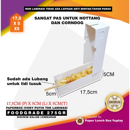 

Dus Putih Non Laminasi Paper Box Ivory Kotak Corndog Ukuran 17,5 Cm X 5 Cm x 5 Cm