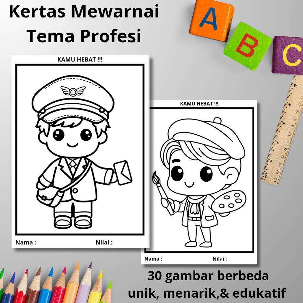 

Kertas Mewarnai Anak Tema Profesi 30 Lembar Berbeda Ukuran A4 & A5 Terbaik
