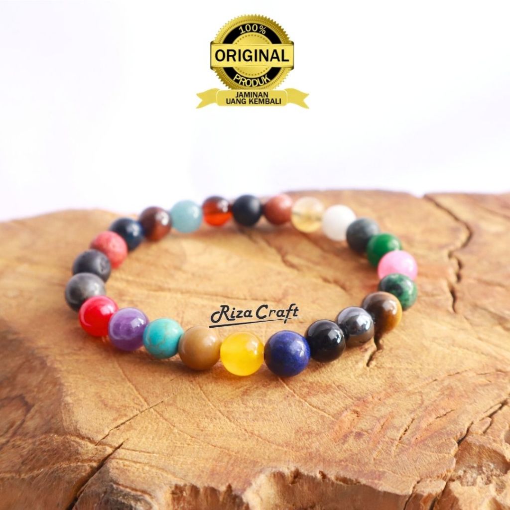 Gelang Kombinasi 24 Batu Alam Kristal Marjan,Lava,Labradorite,Yaman,Kecubung,Pirus,Jasper,Giok Kunin