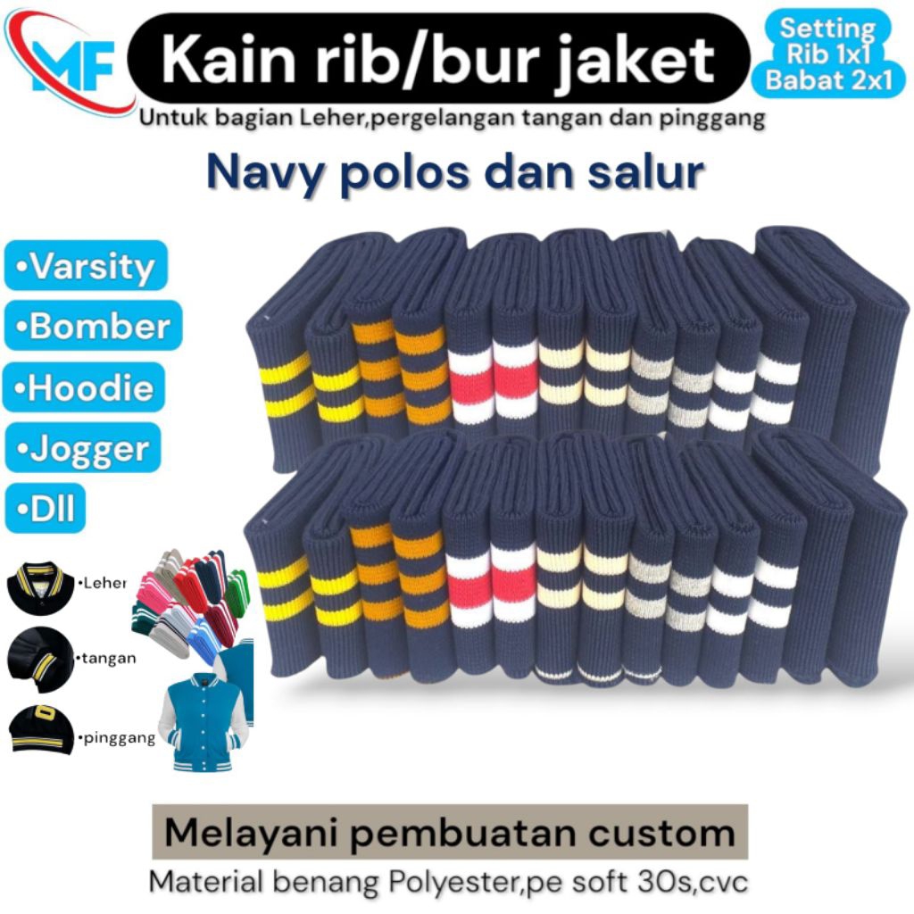 KAIN RIB/BUR WARNA NAVY POLOS DAN SALUR, PERLEMBAR
