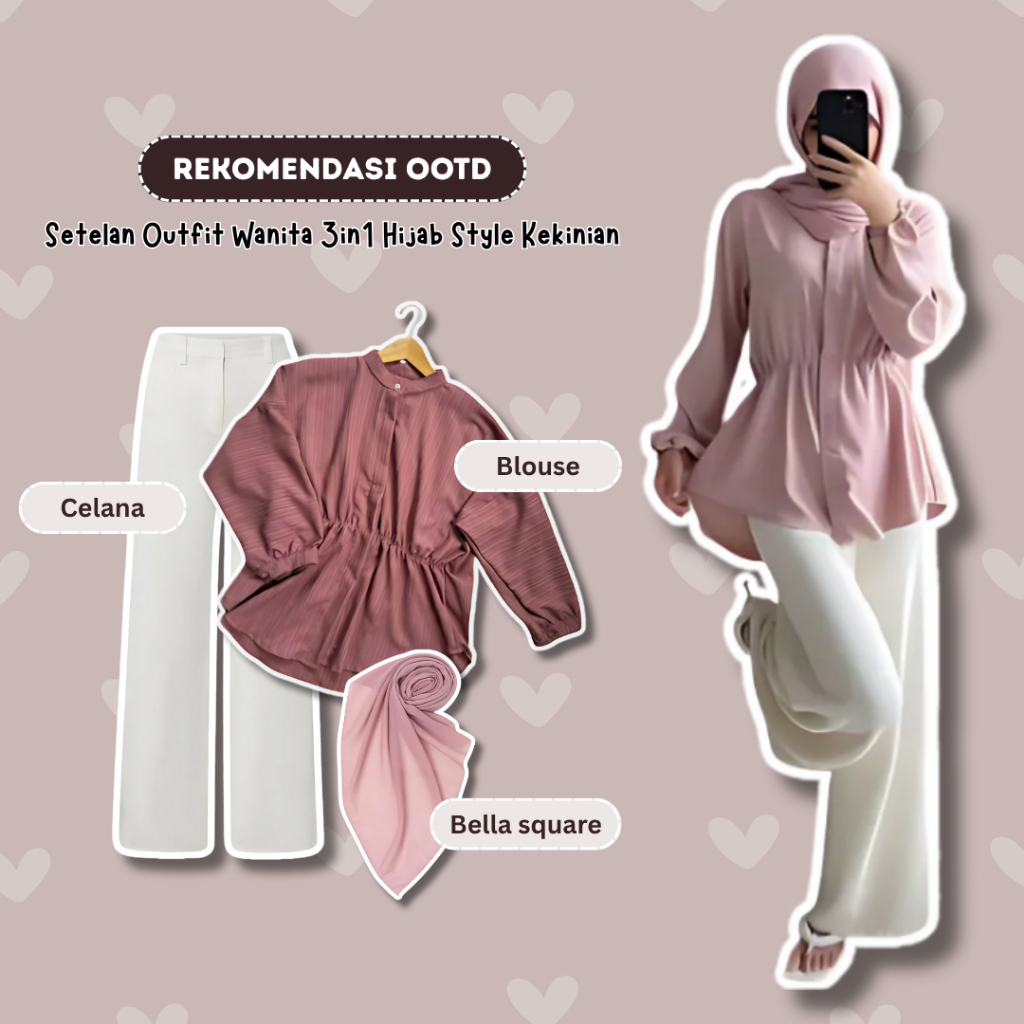 Setelan Wanita 3IN1 (Blouse, Celana, Bella square) Outfit Kondangan Kuliah Hangout Kekinian