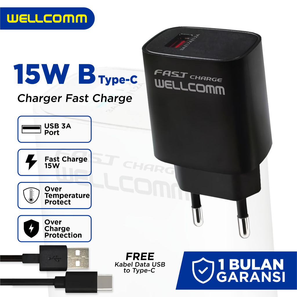 Wellcomm Wall Charger 15W Fast Charge Seri B Single Port USB Type A Include Kabel Data USB Type C / 