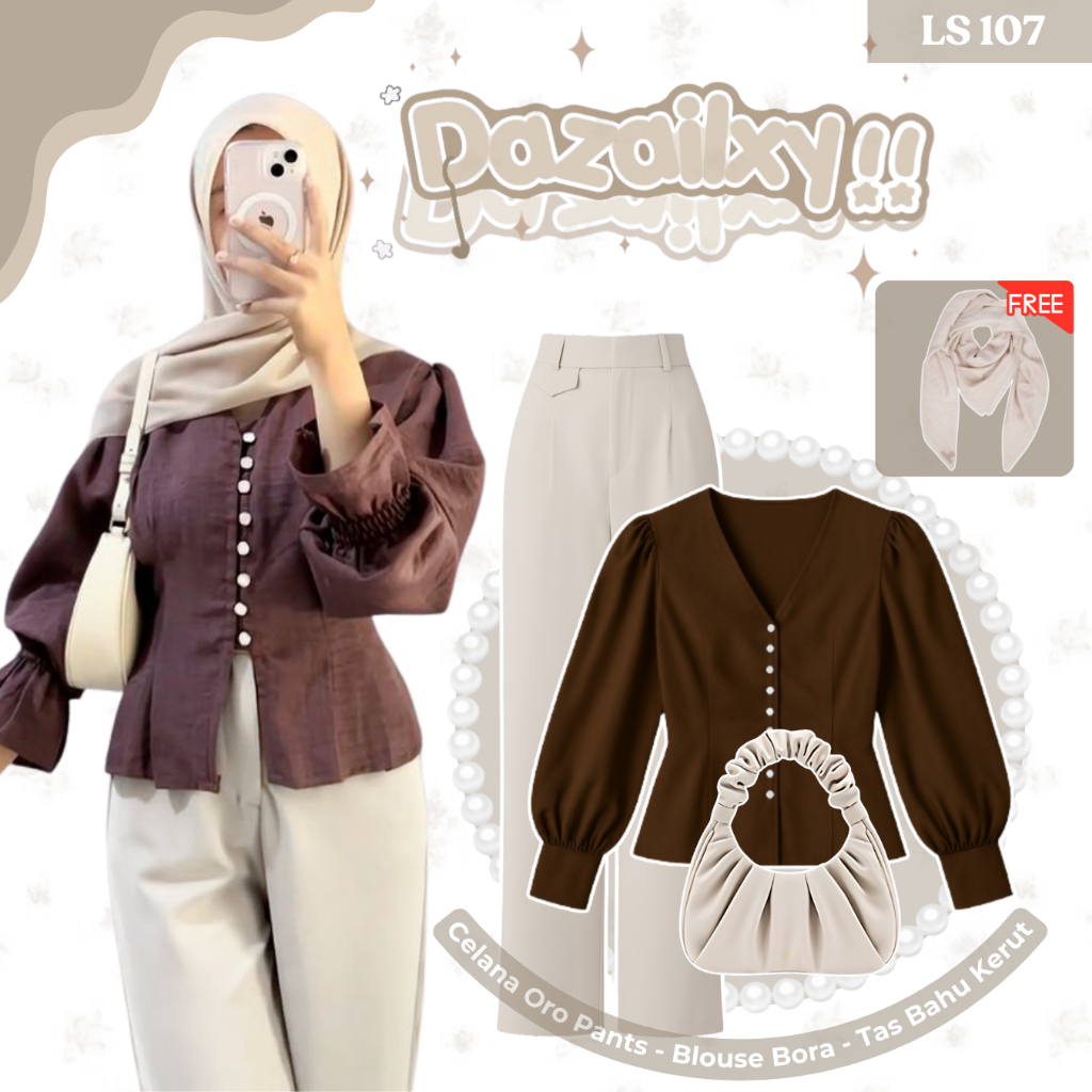 Baju Setelan Wanita Kekinian | Blouse Bora Kancing Lengan Balon Twiscone Coklat, Celana Oro Pants Kn