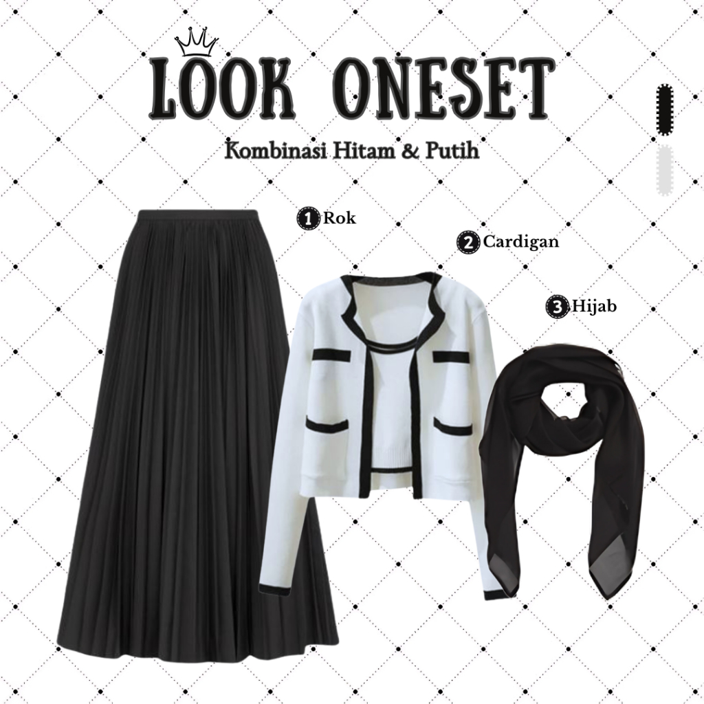OOTD One Set 3in1 – Cardigan Toply Putih, Rok Plisket Hitam & Hijab Bella Square Hitam | Stylish Lay