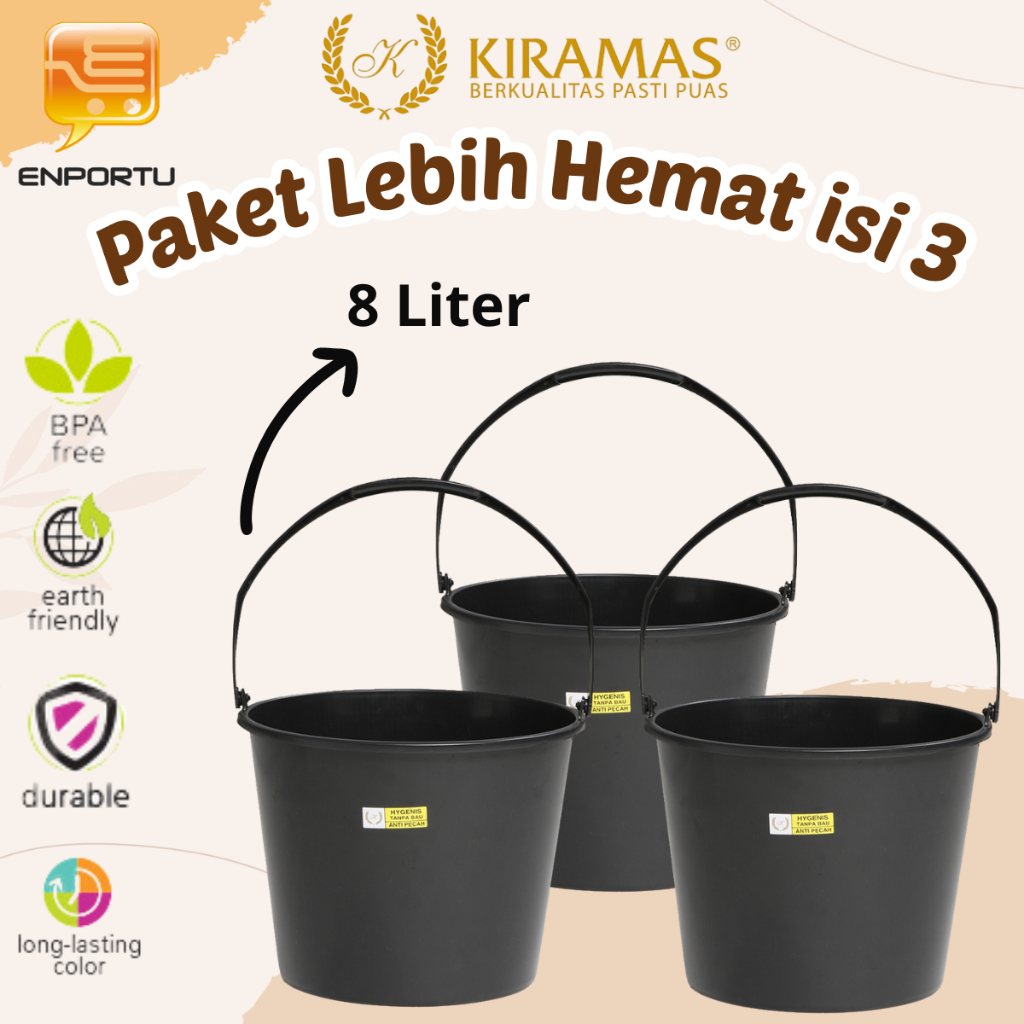 KIRAMAS Paket Isi 3 Pcs Ember Cor 8 Liter 3008 | Ember Hitam | Ember 8 Liter Murah | Ember Ekonomi