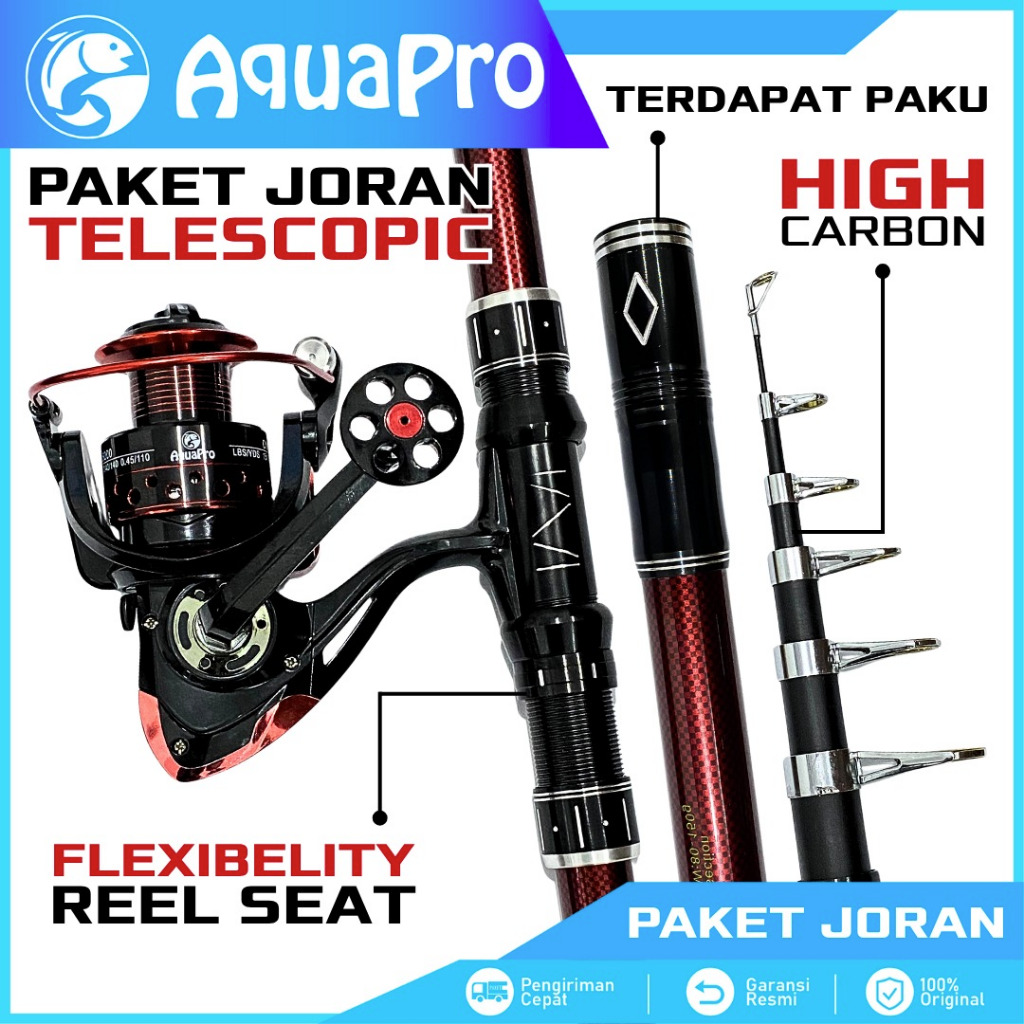 Aquapro Paket Set Joran Laut Telescopic Portable Hh Carbon Dan Reel Pancing Metal Kuat Untuk Laut