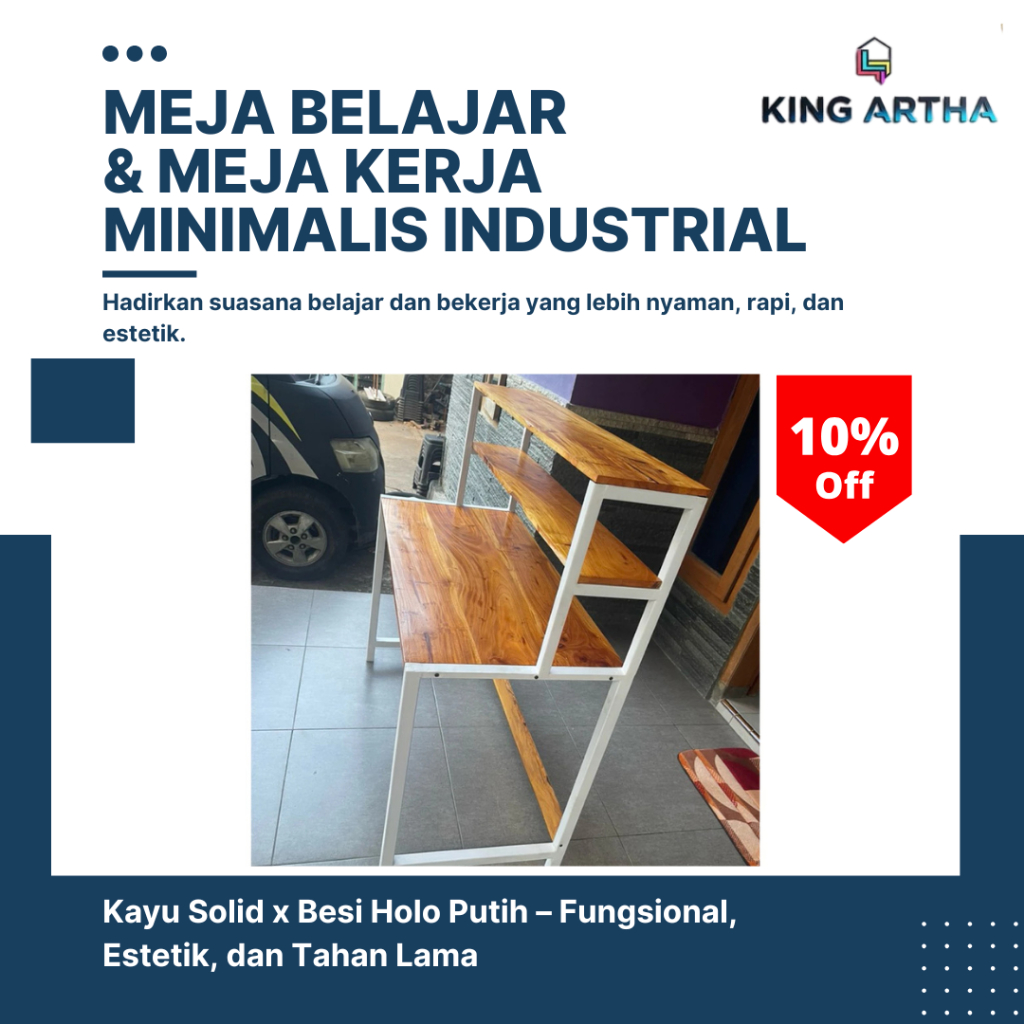 Meja Belajar Meja Kerja Minimalis Kayu solid Kombinasi Besi Holo Industrial Modern Estetik
