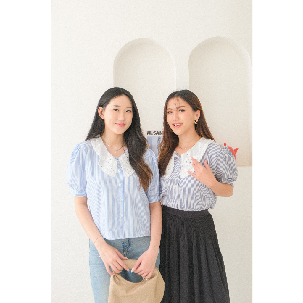 Blouse Wanita Kerah Bordir Motif Garis - UP Collection | Biru Langit, Biru Navy