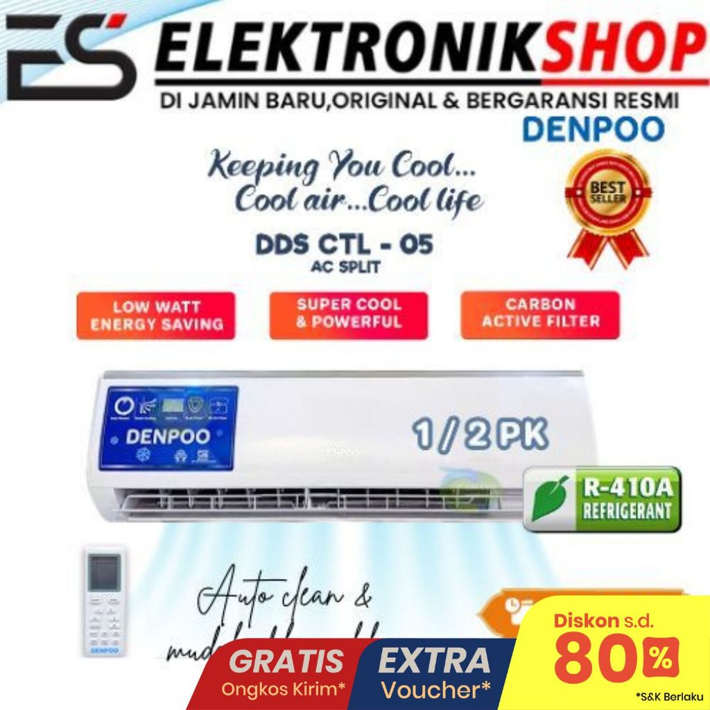 AC Denpoo 1/2 PK 1 PK DDS 05 09 CTL BERGANSI (UNIT ONLY + PASANG) AC Low Watt R32 OUTDOOR INDOOR