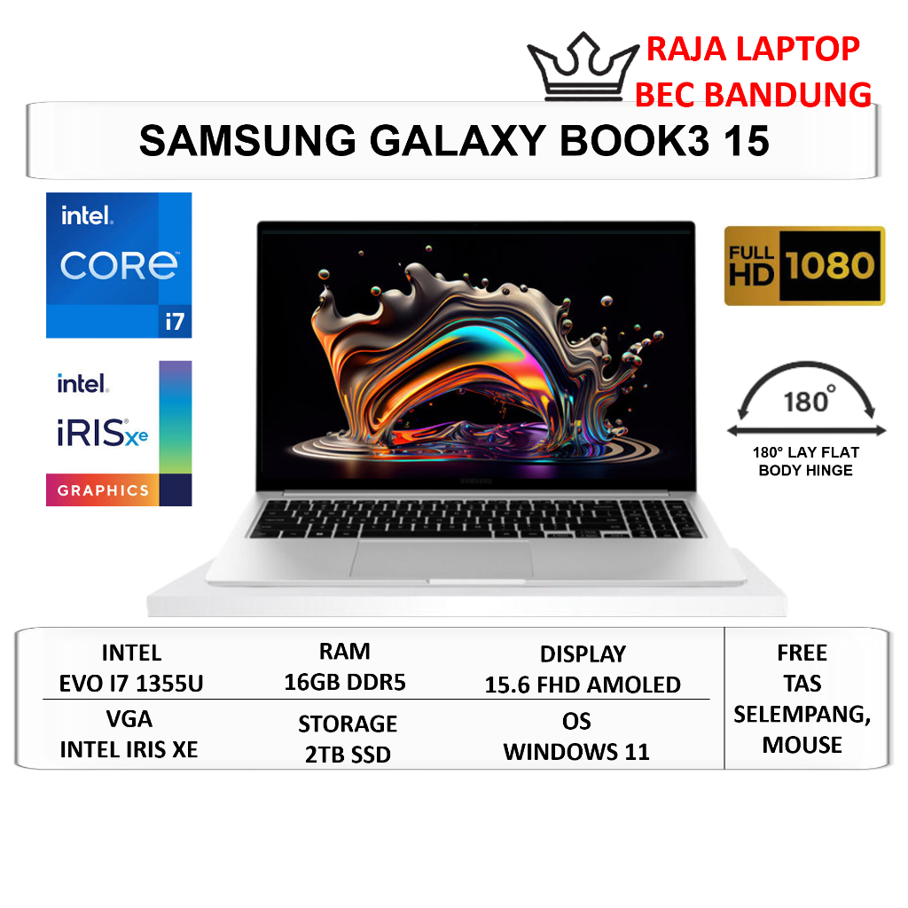 Laptop Slim Samsung Galaxy Book3 15 Intel Core i5 Gen 13 Ram 16GB SSD 1TB 15.6" FHD IPS Windows 11