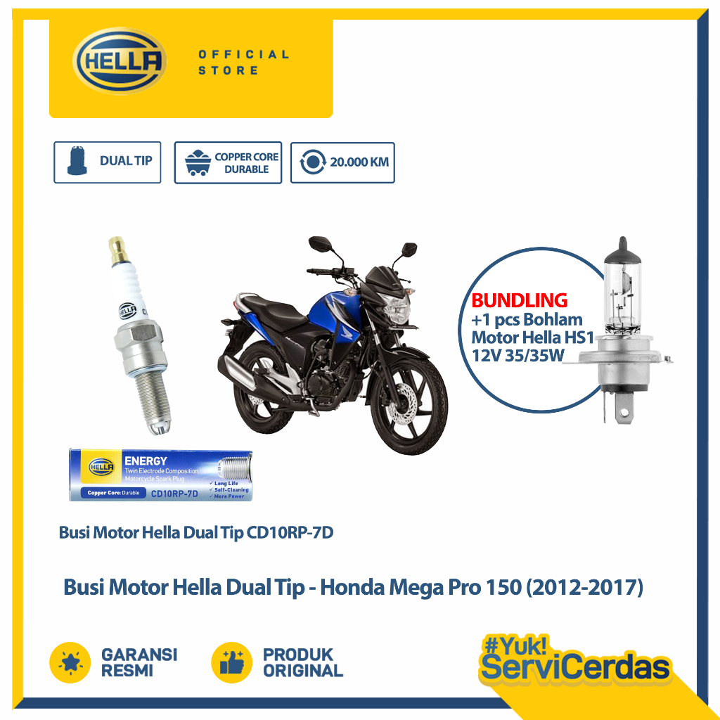 Busi Motor Honda Mega Pro 150 2012- 2017 Hella Dual Tip CD10RP-7D Bundling Bohlam Motor HS1 12V 35/3