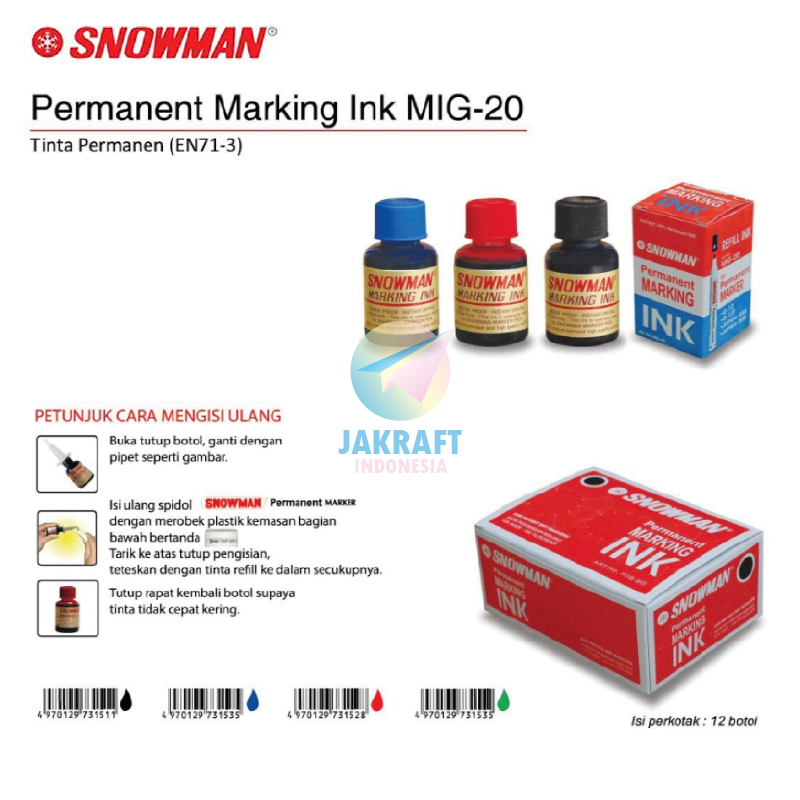 

(1 Pcs) Tinta Refill Spidol Permanen SNOWMAN MIG-20 Hitam Black / Biru Blue / Merah Red / Hijau Green Marking Ink Isi Segala Jenis Merek Permanent Marker Tidak Bisa Dihapus