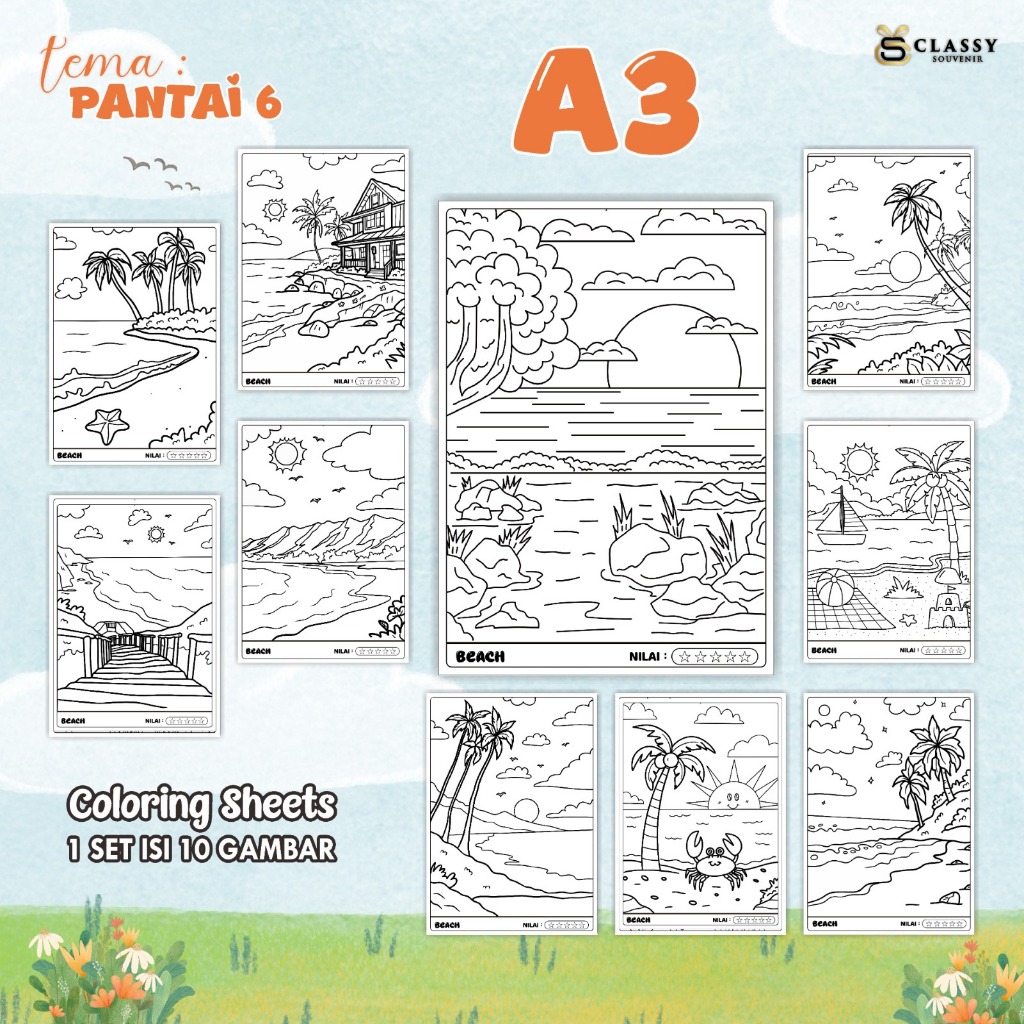 

LEMBAR GAMBAR MEWARNAI ANIMASI ANAK 1 SET ISI 10 GAMBAR - [TEMA PANTAI 6] - COLORING SHEETS FOR KIDS A3