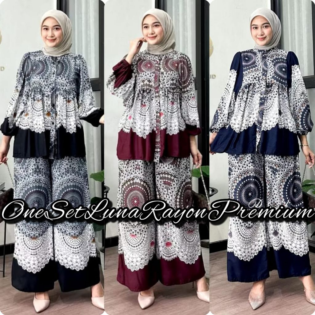 (MAURA) One Set Setelan Balon  Highwaist / OneSet Rayon Terbaru Viral / Setelan jumbo lengan balon