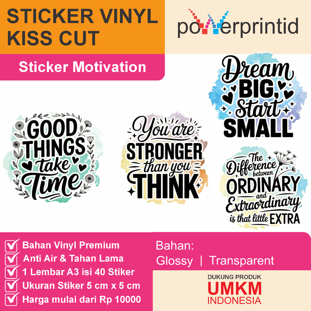

Sticker Motivasi Self Motivation – Vinyl Kiss Cut | Waterproof & Tahan Lama | 40 Kata Unik A3