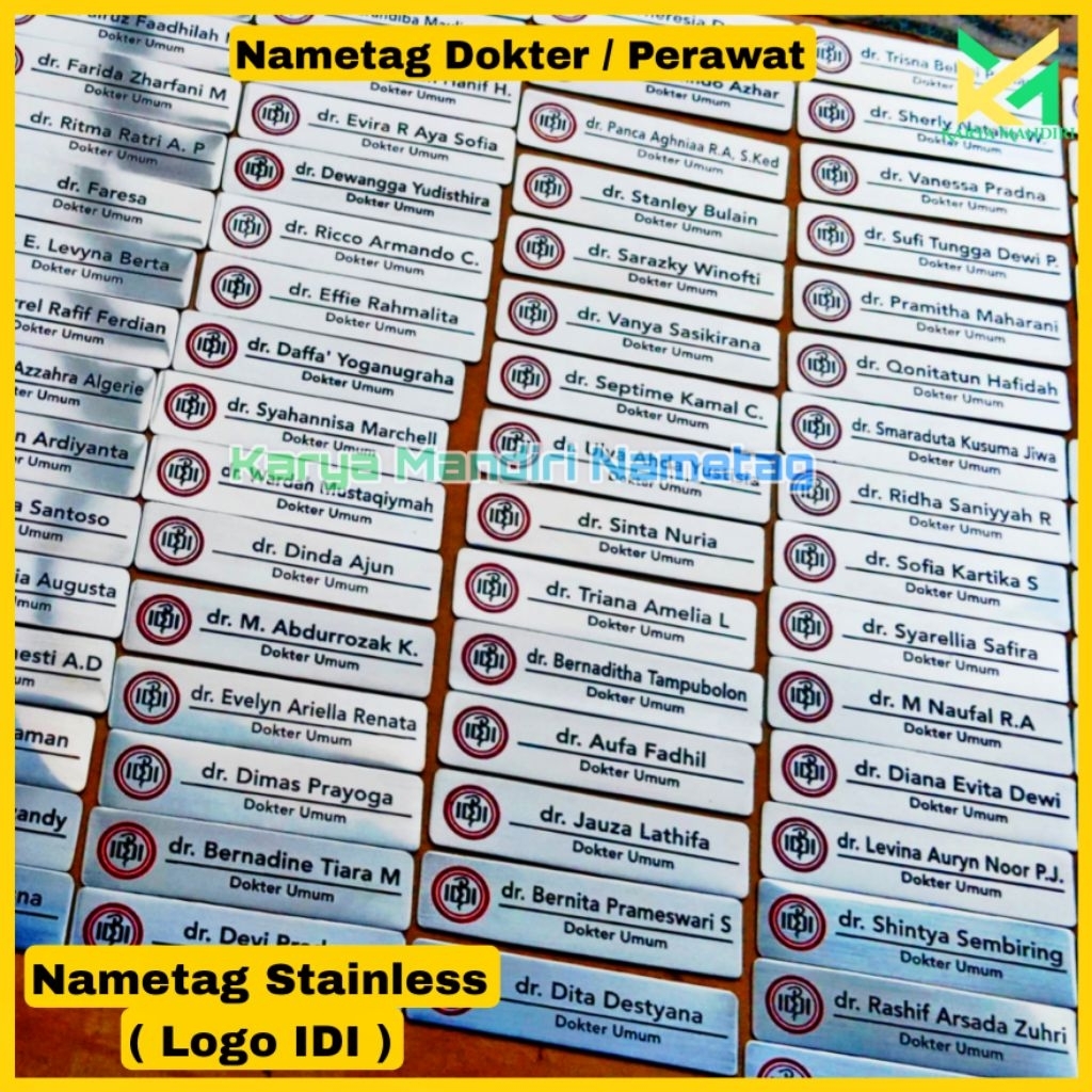 

Nama Dada Stainless Nametag Magnet Custom Etching Dokter Perawat Logo IDI Grafir Awet dan Elegan