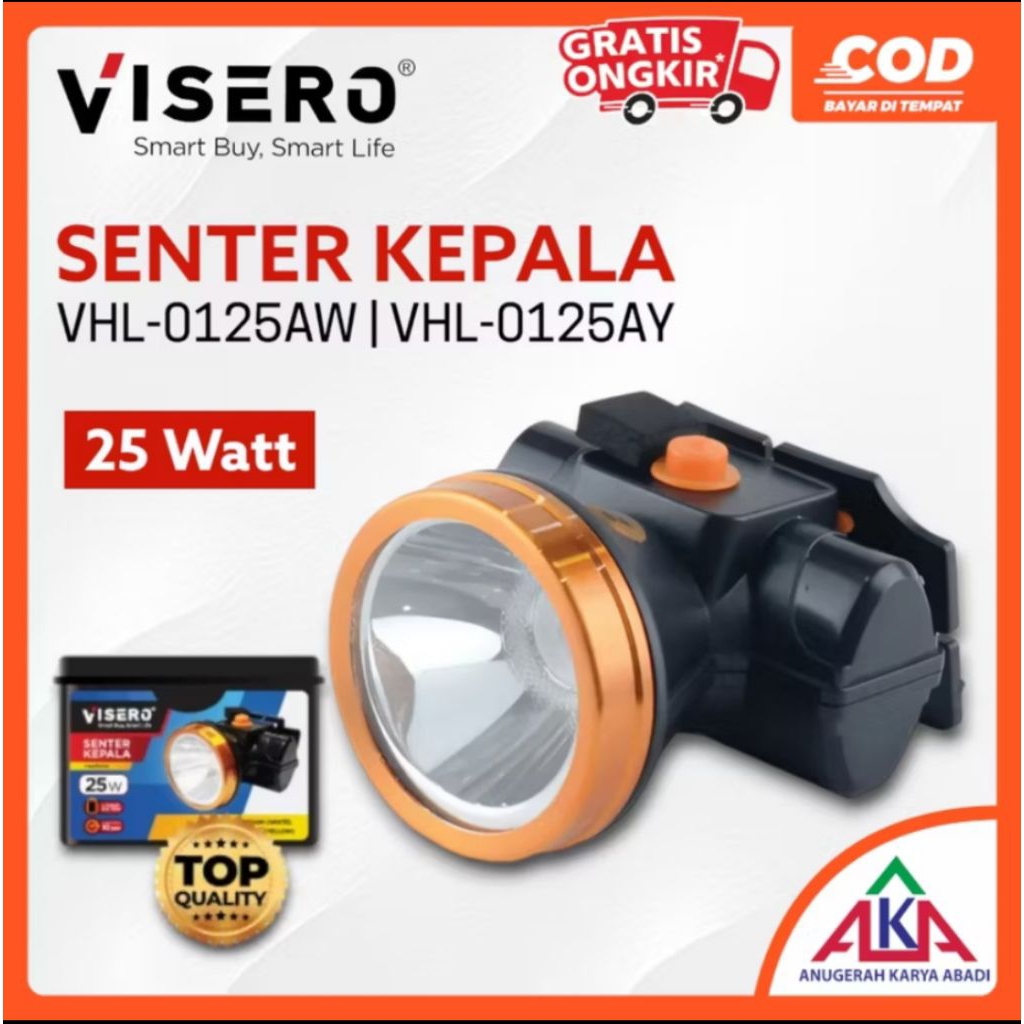 visero vhl-025aw senter kepala mini cahaya putih dan kuning 25watt  tahan lama kualitas terbaik